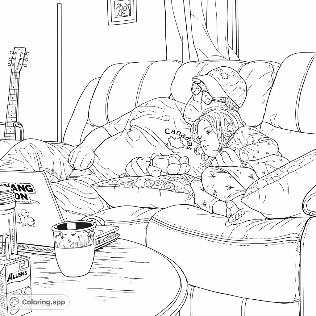 Relaxing sofa scene with an adult and child, a laptop, and toys. A heartwarming free printable coloring page for quiet moments and family fun.