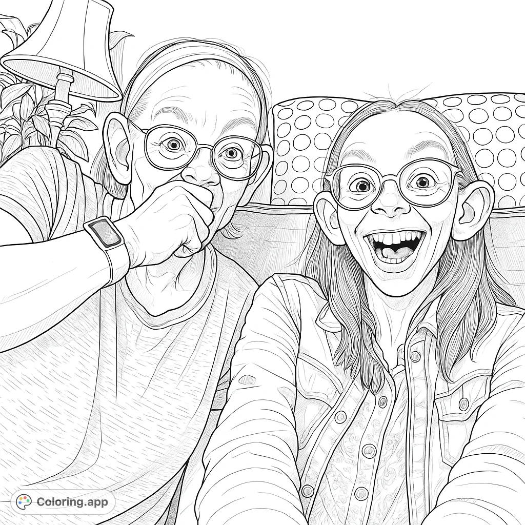 An amusing coloring page featuring two individuals with exaggerated, comical features, sharing a moment of intense laughter, perfect for a fun and lighthearted experience.