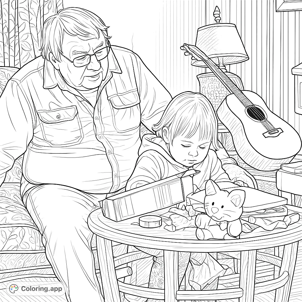 A heartwarming scene of an older adult and a child sharing a quiet moment, surrounded by familiar home objects. A detailed page for all ages.