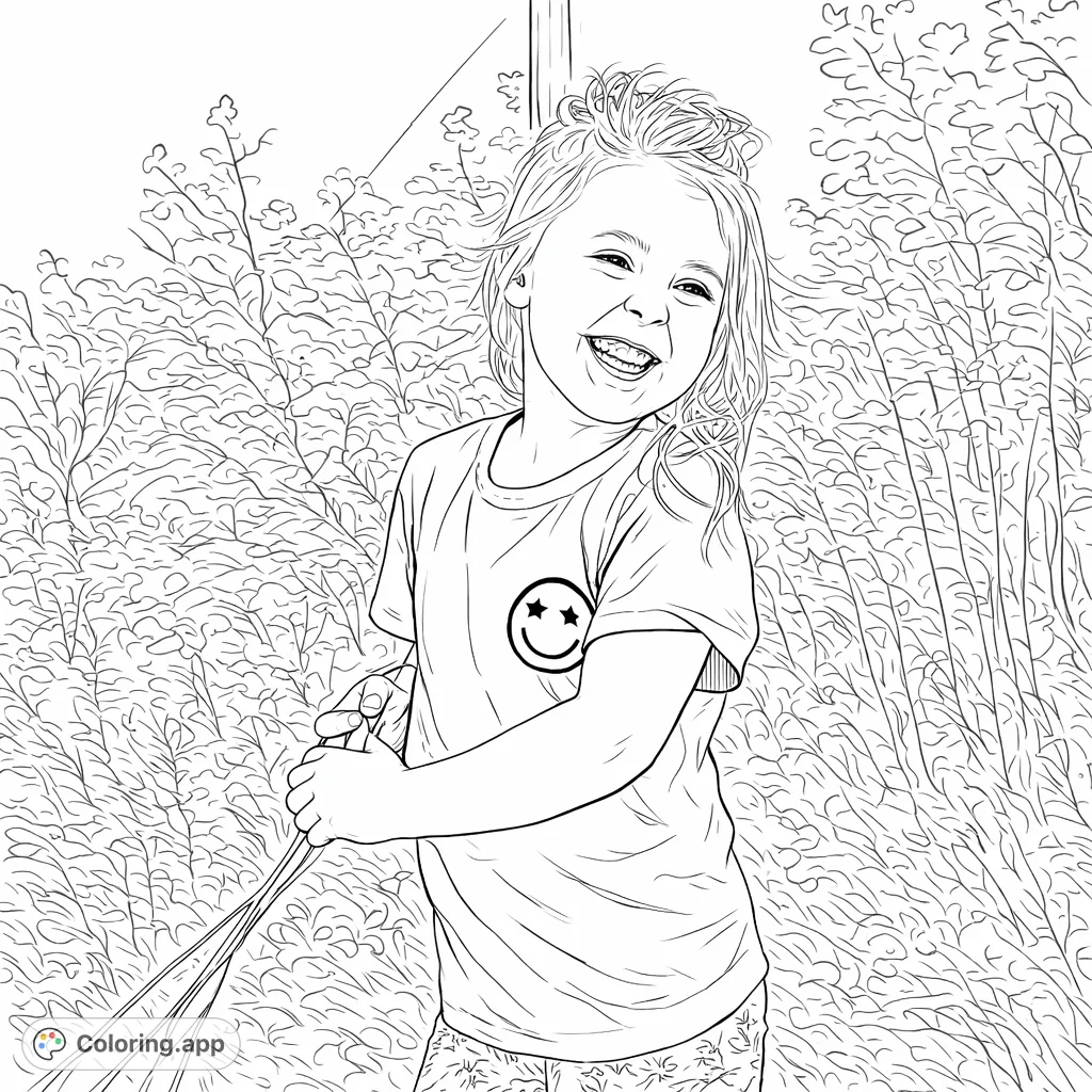 A joyful child with a big smile, standing in a lively outdoor scene. This happy child coloring page is perfect for capturing cheerful moments and natural beauty.