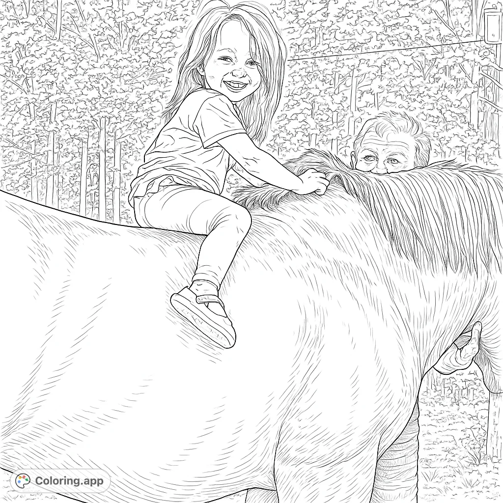 A heartwarming free printable horse coloring page for kids and adults. Features a cheerful child riding a gentle horse with a friend's support.