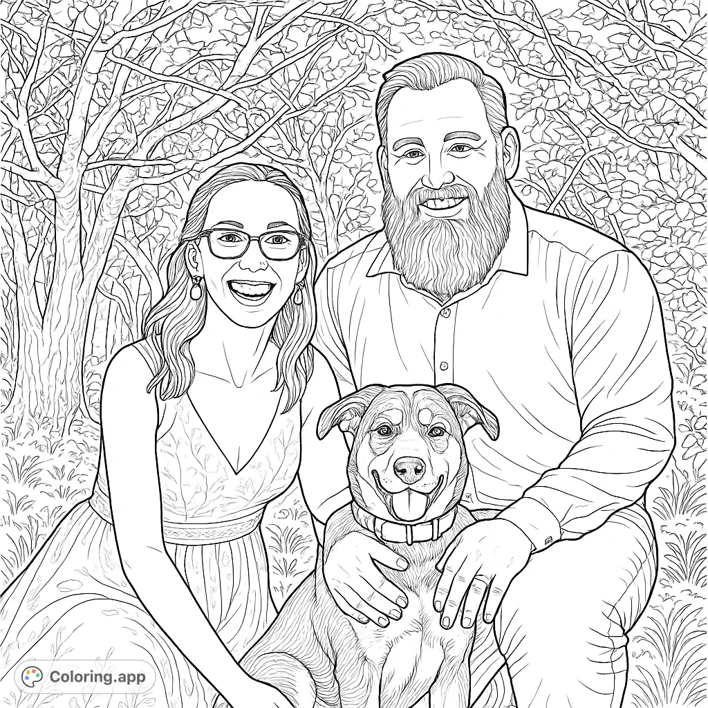 A heartwarming family portrait coloring page featuring a joyful couple and their beloved dog amidst abundant natural foliage, perfect for detailed coloring.