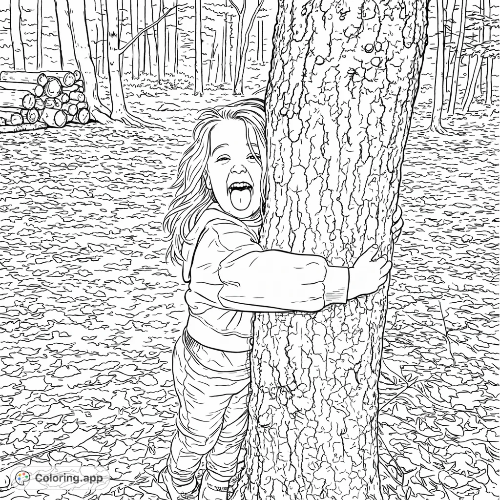 A delighted child playfully hugs a tree in a sun-dappled forest, tongue out and smiling. Perfect for nature-loving kids and adults.