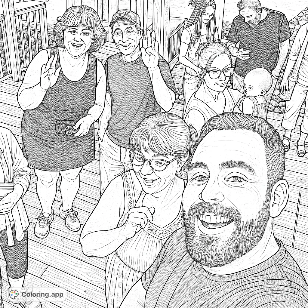 Capture a heartwarming family gathering on a rustic wooden deck. This detailed coloring page features smiling faces and lively interactions, offering a creative escape.