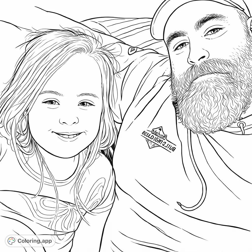 Capture a heartwarming moment of a smiling girl with a messy mouth alongside a bearded man. Perfect for celebrating family bonds and playful memories.