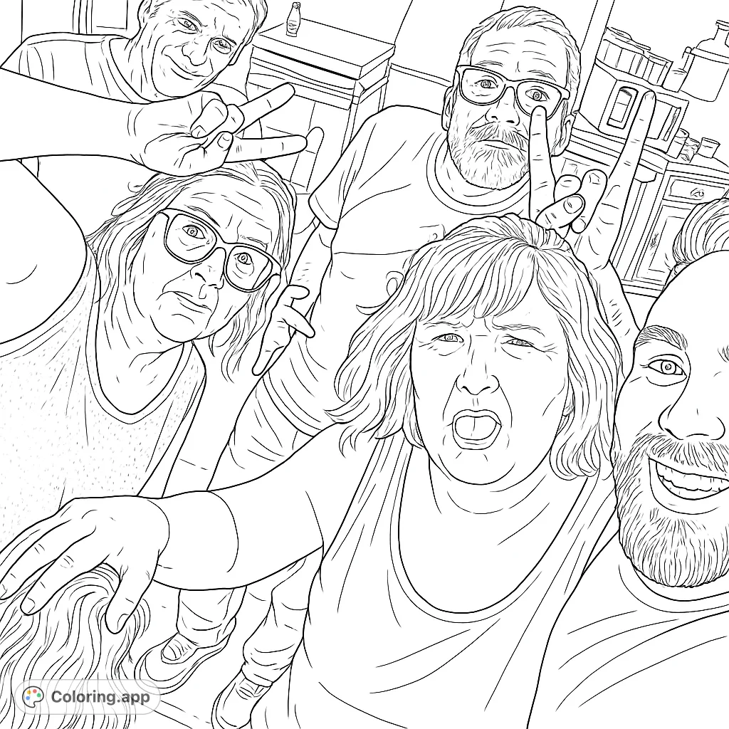 A fun, detailed coloring page capturing a joyful group selfie with five smiling individuals making peace signs. Perfect for family and friends themes.