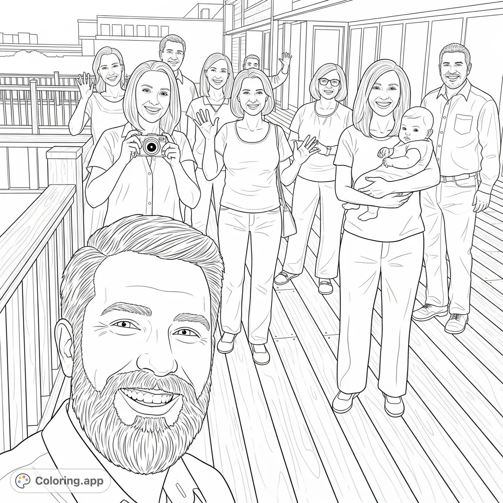 Capture a moment of connection with this detailed coloring page featuring a lively group of adults and an infant on a spacious wooden deck.