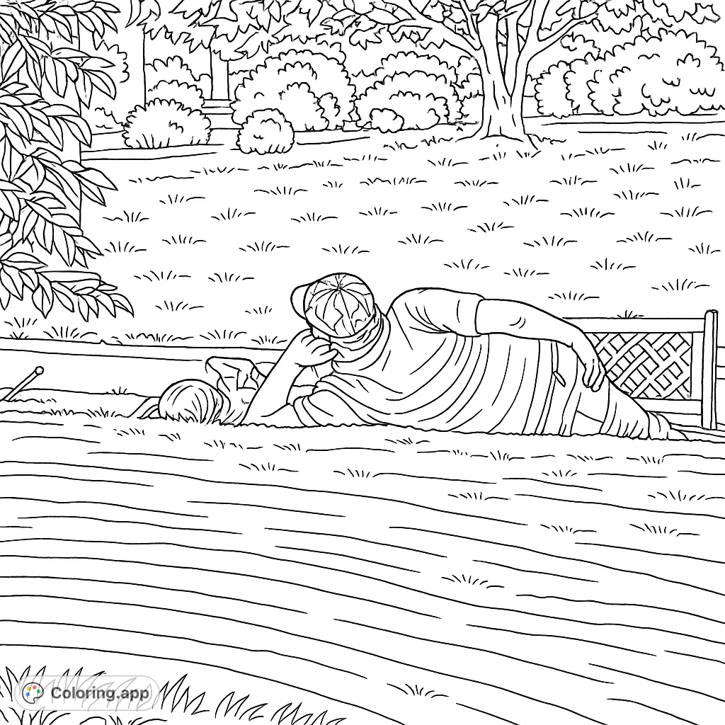 Capture a serene moment of relaxation with this detailed coloring page featuring two figures resting on a grassy lawn. Perfect for peaceful creative escape.