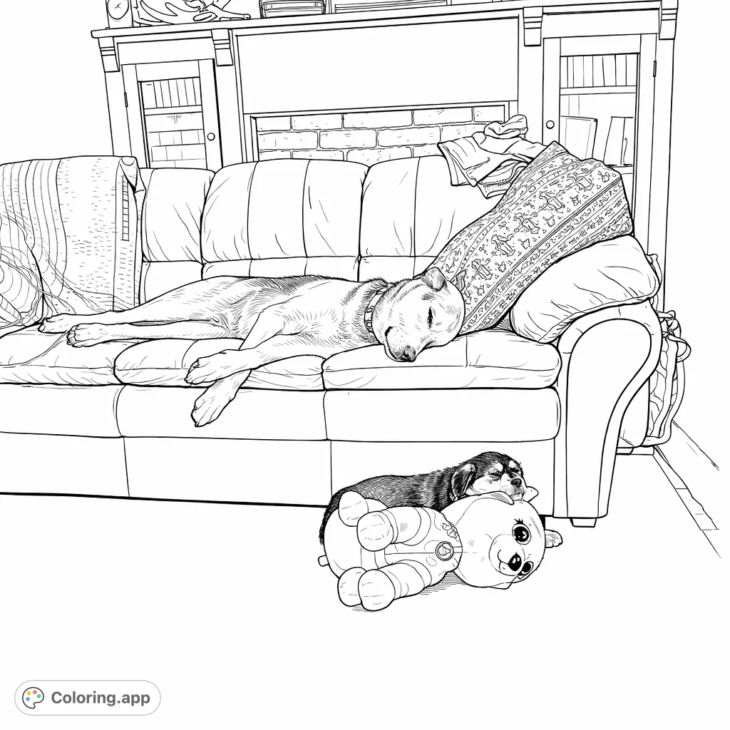 A heartwarming scene of two dogs, one large and one small, peacefully sleeping on a cozy sofa and floor. Perfect for relaxation and animal lovers.