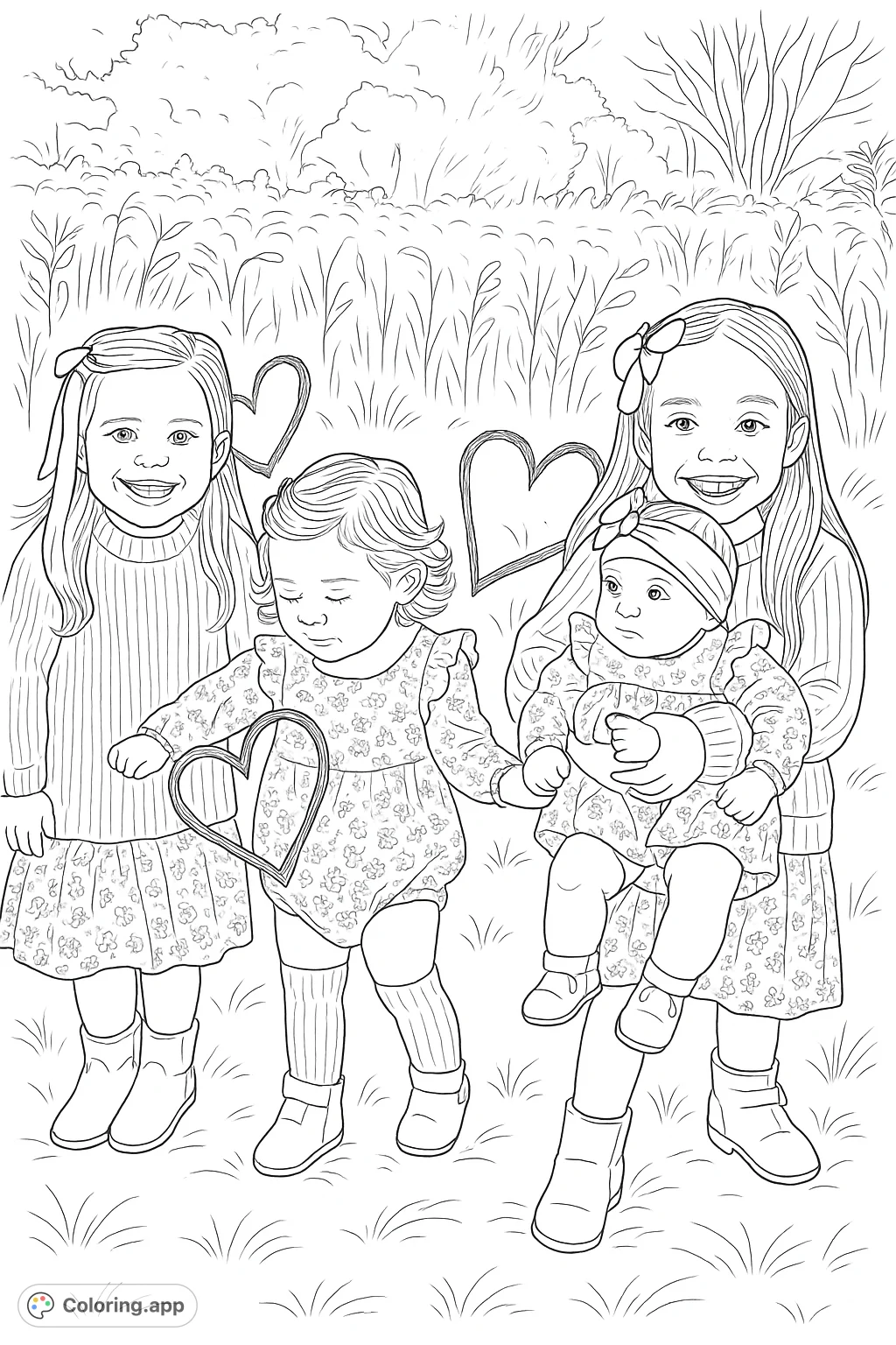 A heartwarming scene of four sisters in an outdoor field, dressed in charming outfits. Capture their joyful expressions and the natural beauty of the setting.