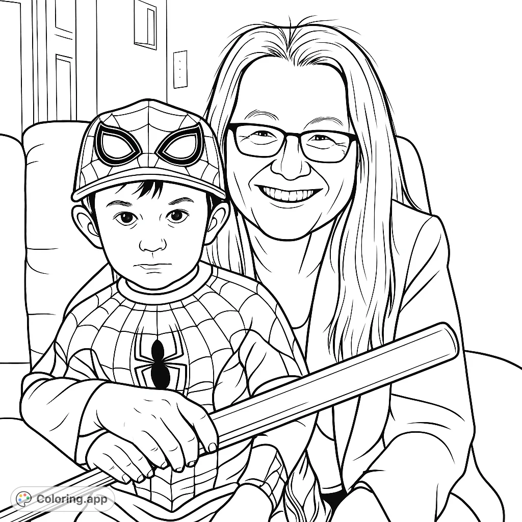A heartwarming scene featuring a young child in a superhero costume with a cap and a smiling adult, perfect for a fun coloring adventure.