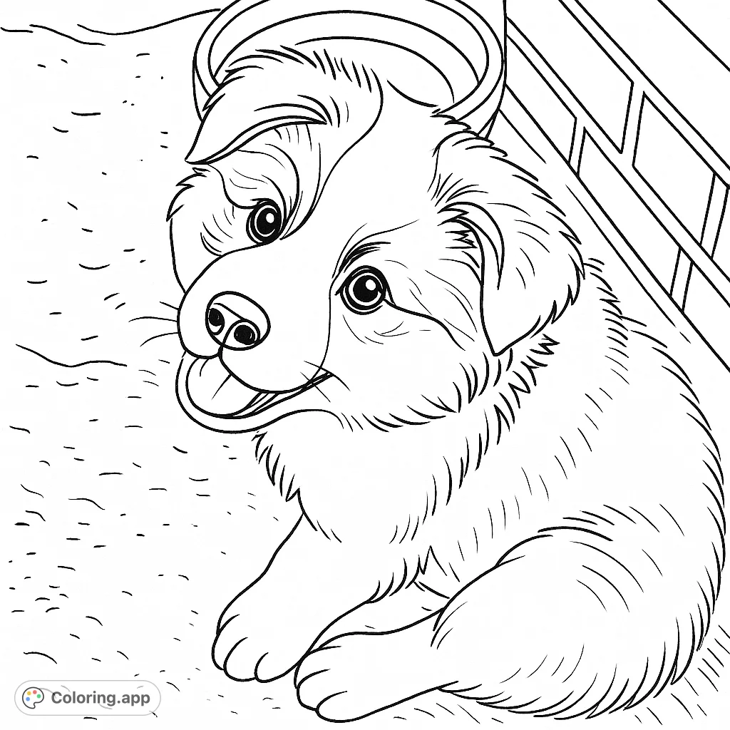 Capture the charm of a fluffy puppy with expressive eyes and a playful gaze. A delightful puppy coloring page for all ages.