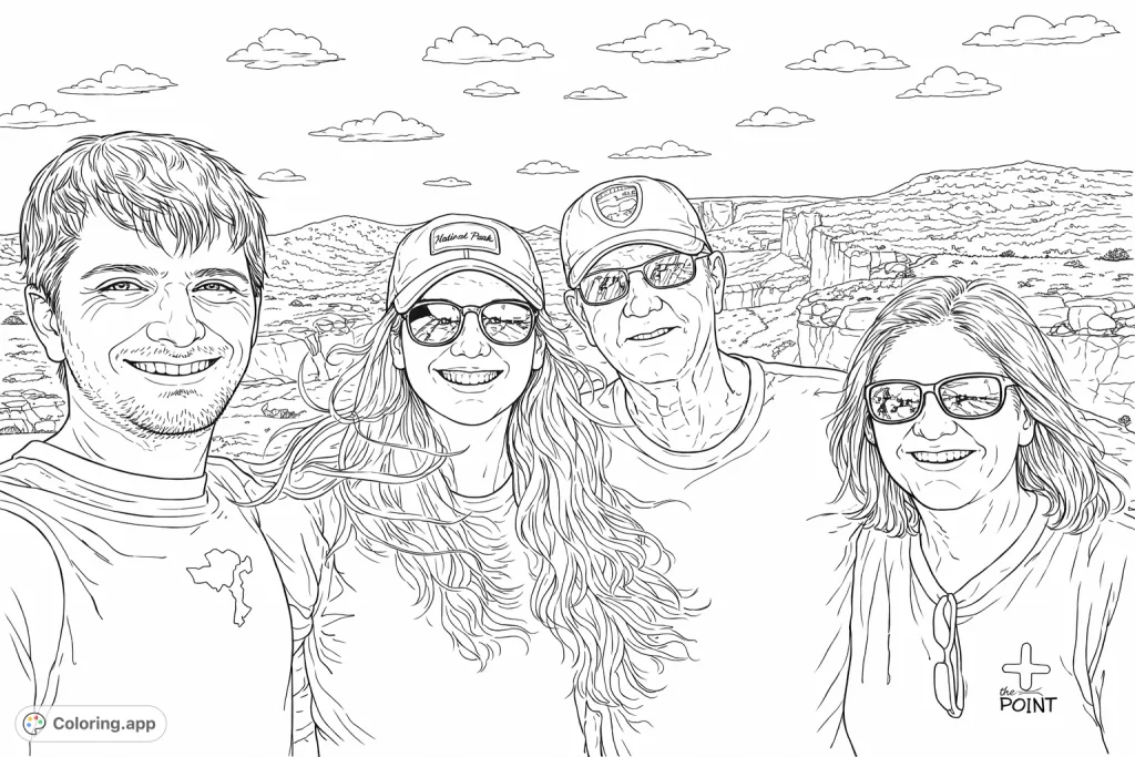 A joyous family portrait set against a stunning mountain landscape, perfect for coloring. Capture the smiles and scenic beauty of an outdoor adventure!