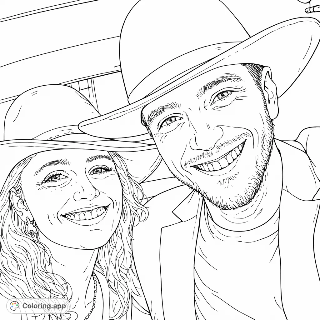 A charming coloring page featuring a smiling couple wearing distinct hats, perfect for creative expression and practicing portrait coloring techniques.