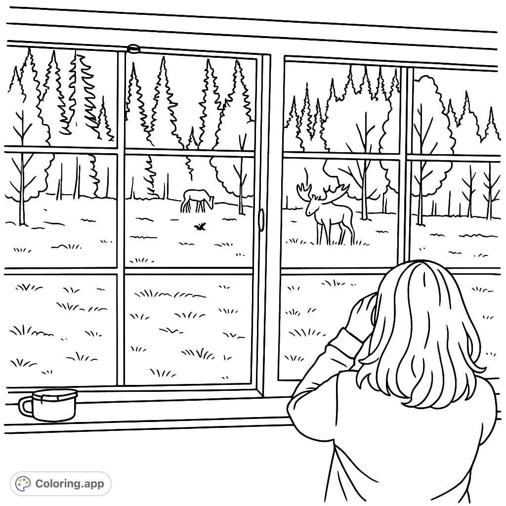 A peaceful scene of a person gazing out a window at a grassy field where two majestic moose graze near a dense forest.