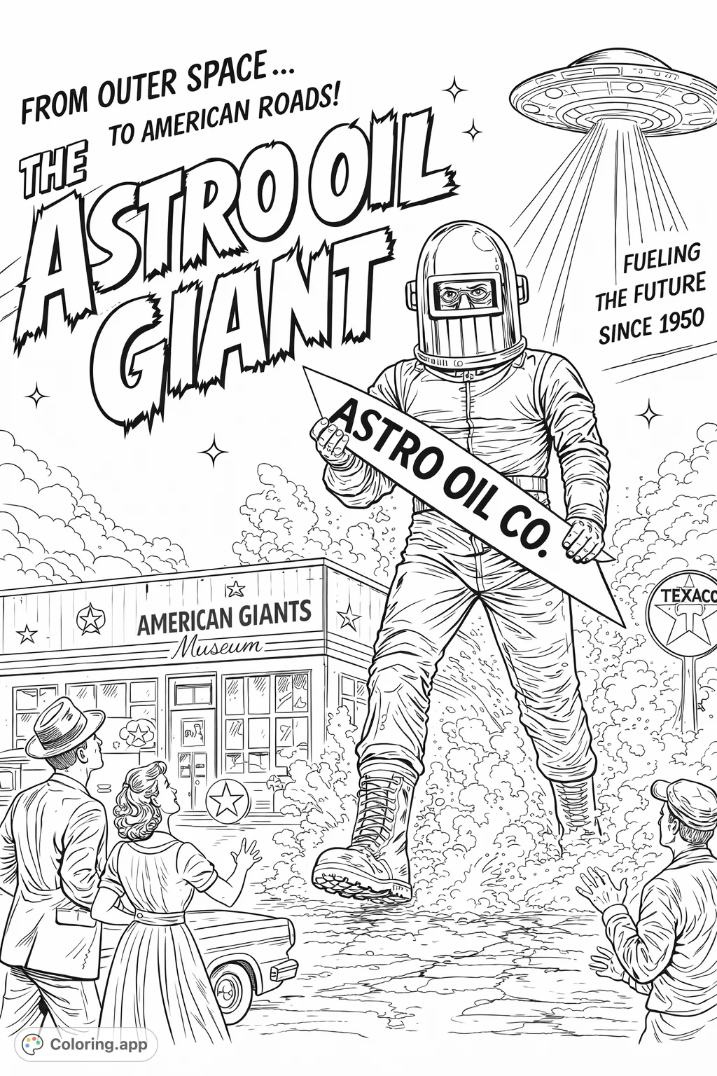 Step into a thrilling retro sci-fi world! A giant robot and a UFO disrupt a vintage gas station, observed by amazed onlookers.