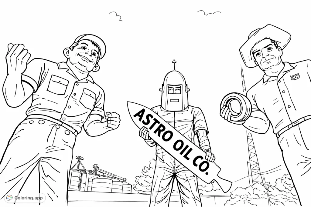 Color three iconic roadside statues: a smiling worker, an Astro Oil figure, and a cowboy with a tire, set against an industrial landscape and open sky.