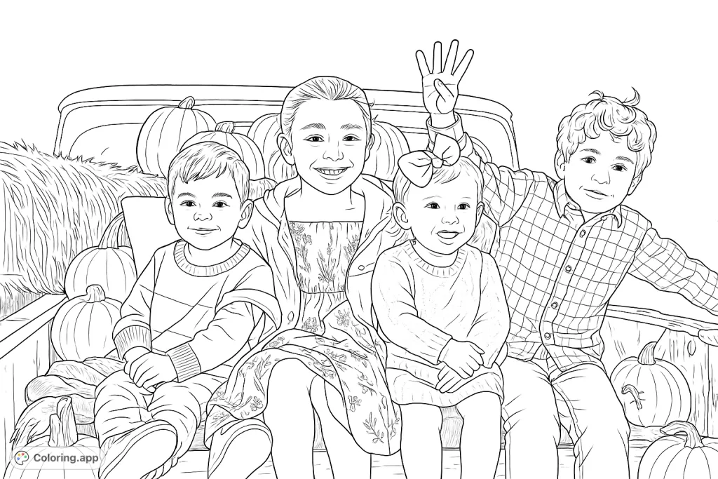 A heartwarming scene of four children enjoying a fall harvest, surrounded by pumpkins and hay in an old pickup truck. Perfect for seasonal coloring fun.