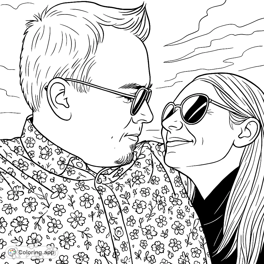 Capture a tender moment between a couple, both wearing sunglasses, against a bright sky. Features intricate floral patterns on clothing and a loving gaze.