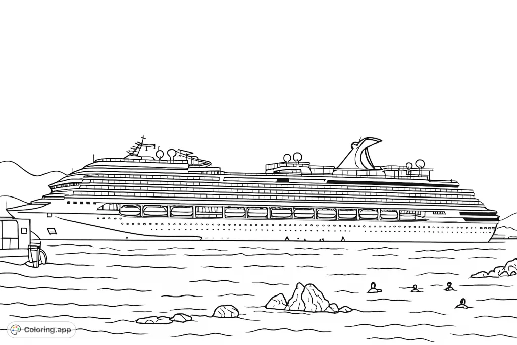 Embark on a coloring adventure with this detailed cruise ship, featuring multiple decks, lifeboats, and a distinctive funnel, set against a serene ocean backdrop.