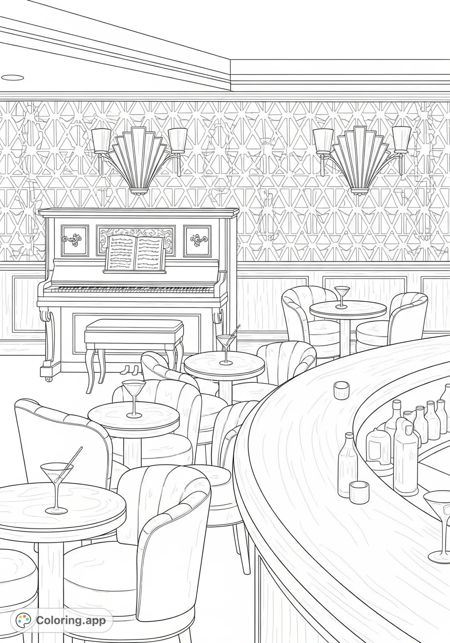 Step into a sophisticated 1930s art deco lounge. An ornate piano, geometric wallpaper, elegant sconces, and a curved bar await your creative touch in this luxurious scene.
