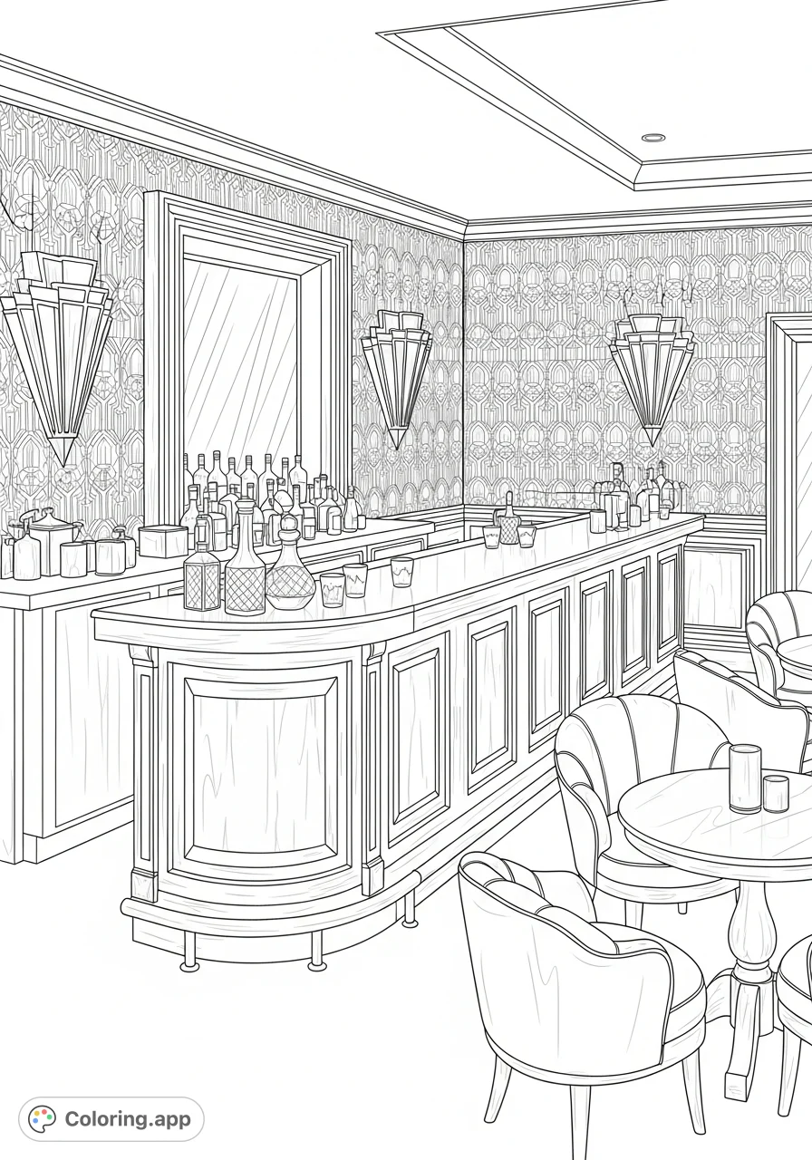 Explore a sophisticated 1930s basement lounge featuring a gleaming curved wooden bar, intricate geometric wallpaper, crystal decanters, and plush velvet chairs. An elegant art deco scene.