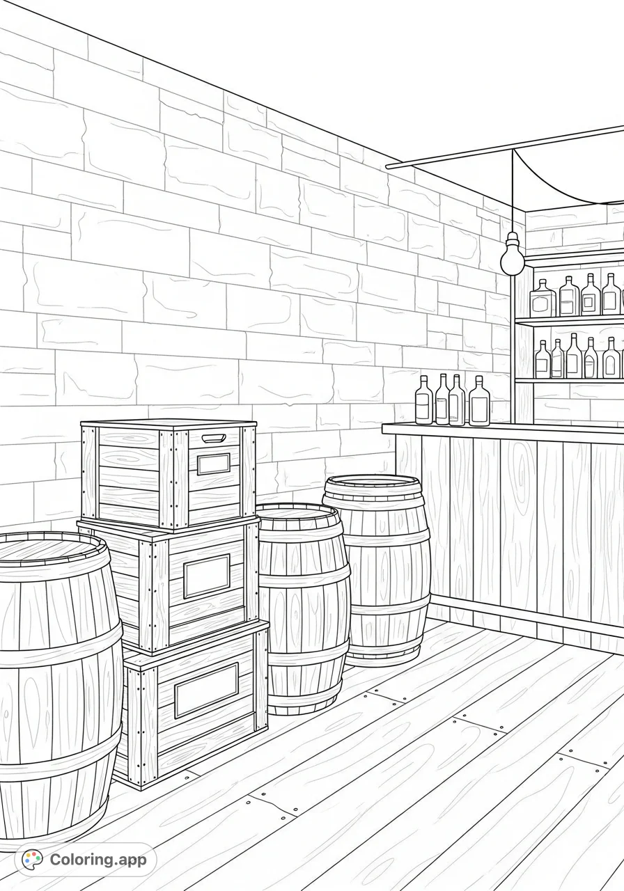 Step back in time to a clandestine 1930s secret basement bar. Features brick walls, wooden barrels, and a cozy counter with bottles and a single light.