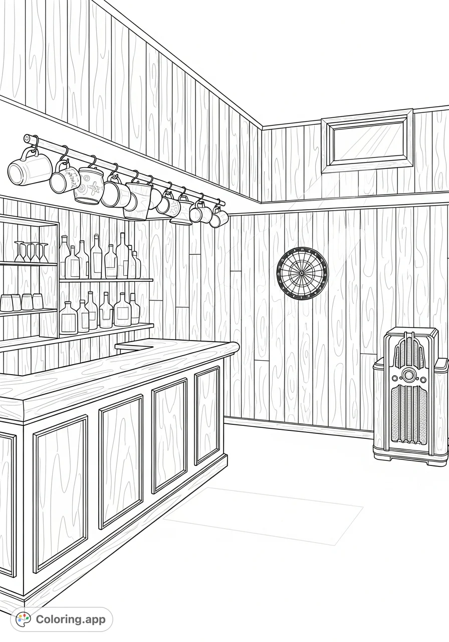 Step back in time to a detailed 1940s post-war basement recreation area, featuring a polished wood bar, vintage mugs, a dartboard, and an antique radio cabinet.