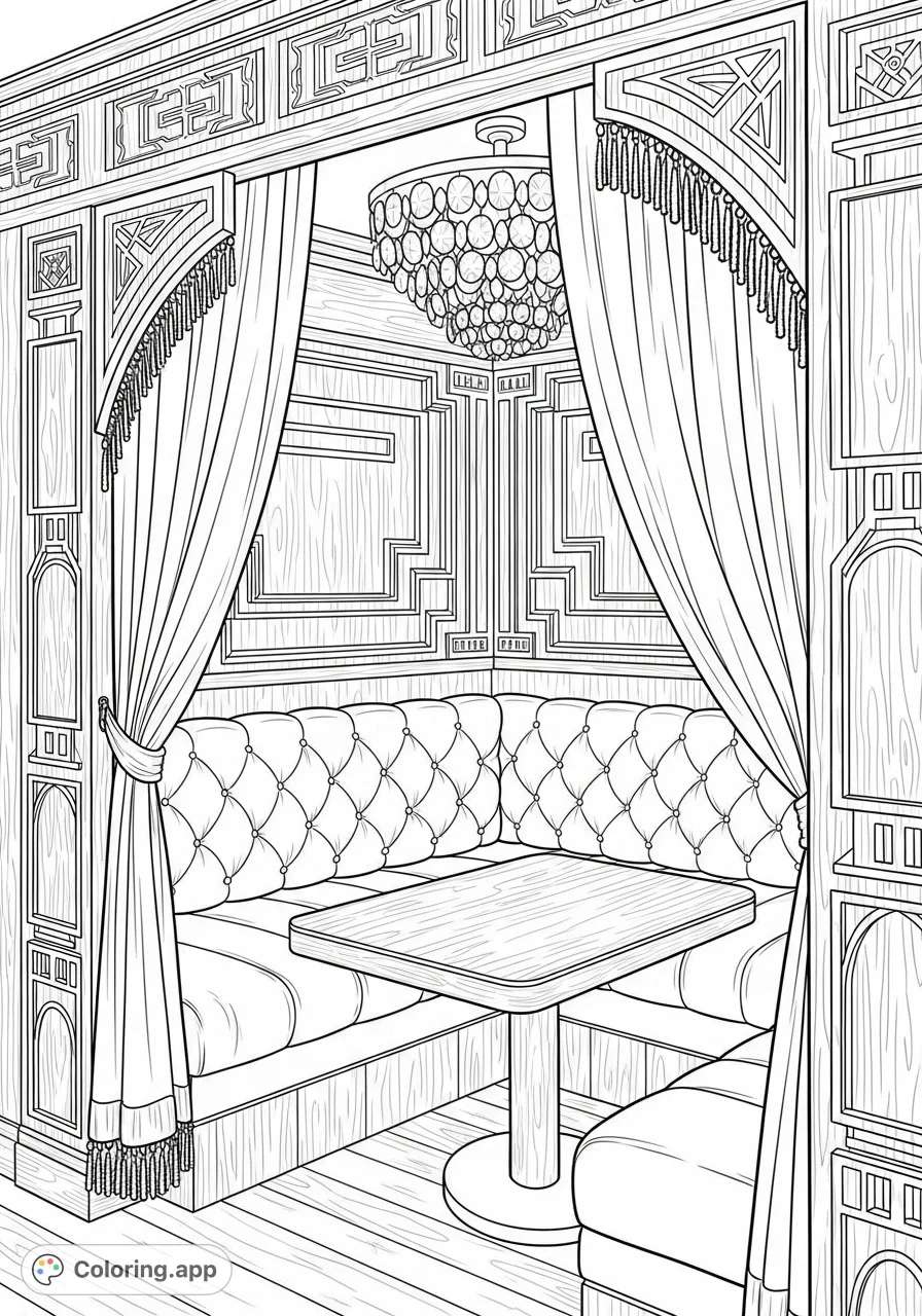 Step into a 1920s art deco speakeasy with this intricate coloring page featuring tufted velvet seating, ornate fixtures, and geometric patterns.