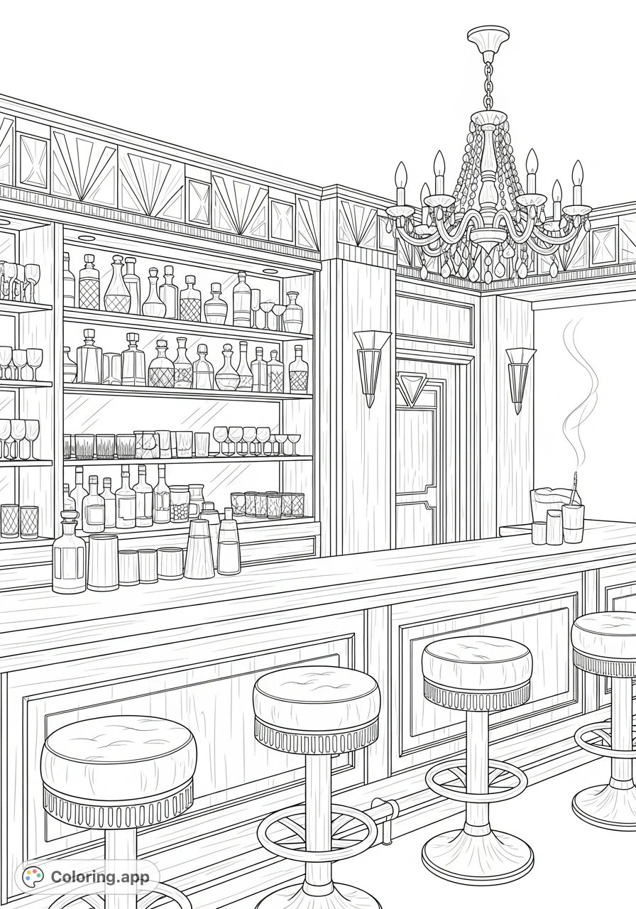 Step back in time to the opulent 1920s with this Art Deco speakeasy bar coloring page, featuring crystal decanters, geometric patterns, and elegant decor.