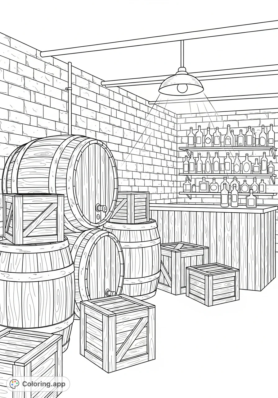 Step back in time to a secret 1930s basement bar, complete with detailed brick walls, wooden barrels, crates, bottles, and a solitary hanging light.