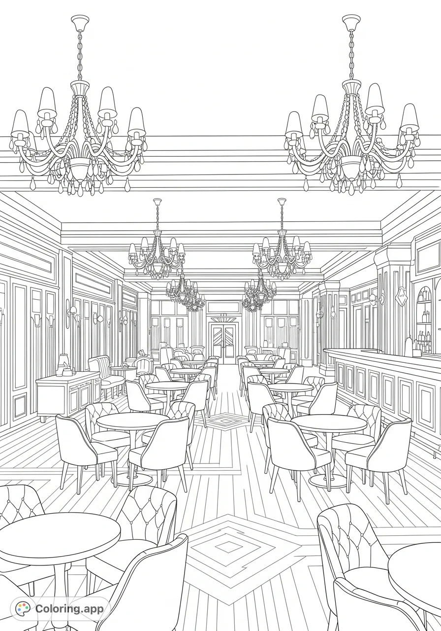 Step into a detailed 1920s art deco speakeasy. Discover vintage chandeliers, velvet chairs, wood paneling, and a polished bar in this intricate scene.