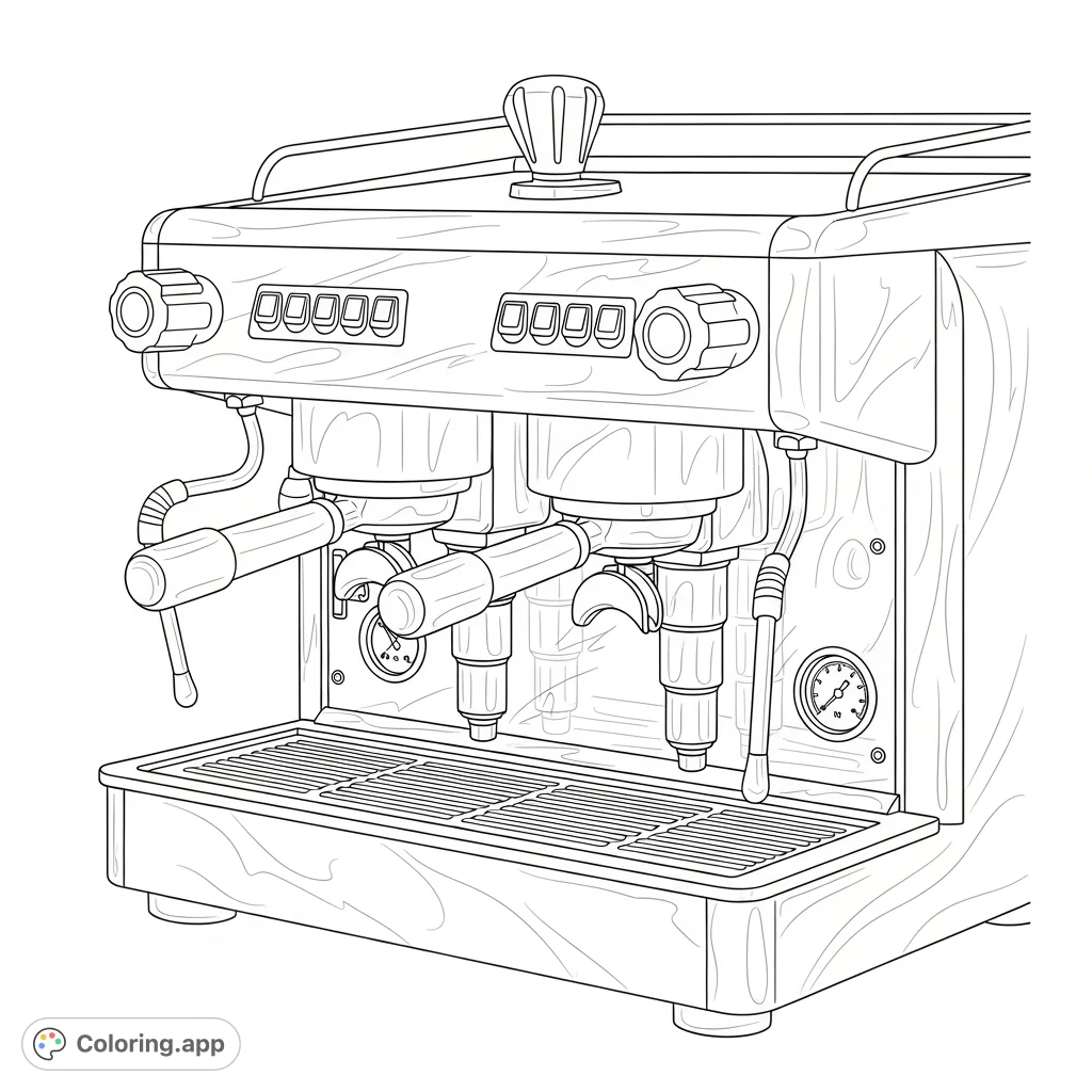 Detailed close-up of a sophisticated dual-group espresso machine with portafilters, steam wand, and reflective surfaces, perfect for coffee lovers.