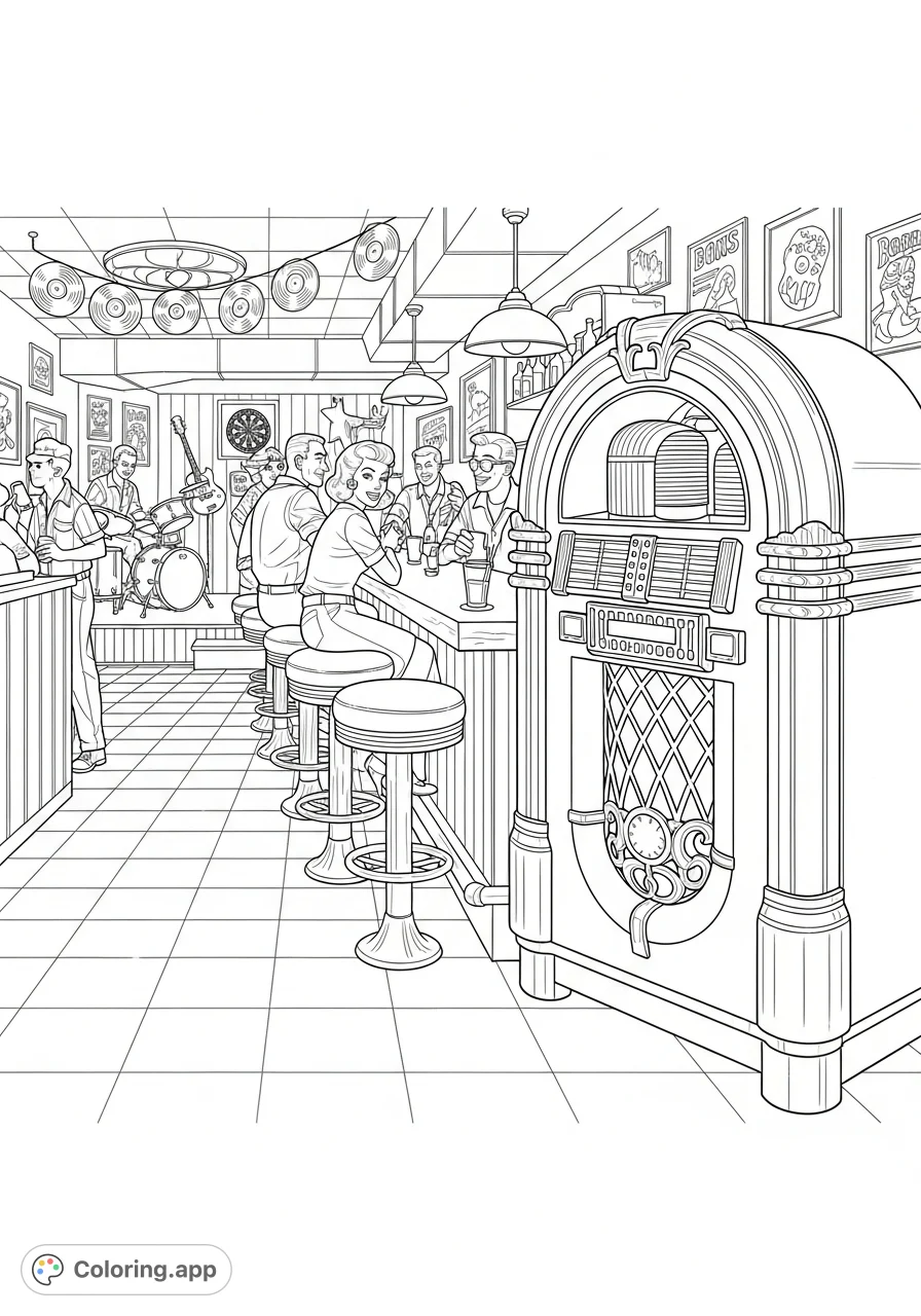 Step back in time to a classic 1950s rock & roll hangout! Immerse yourself in the vintage vibe of a basement bar, complete with jukebox, checkered floor, and cool patrons.