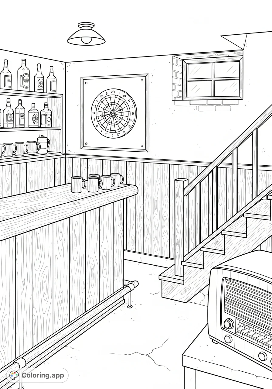 Step into a charming 1940s post-war basement, featuring a classic bar, dartboard, and vintage radio, offering a nostalgic scene for coloring and relaxation.