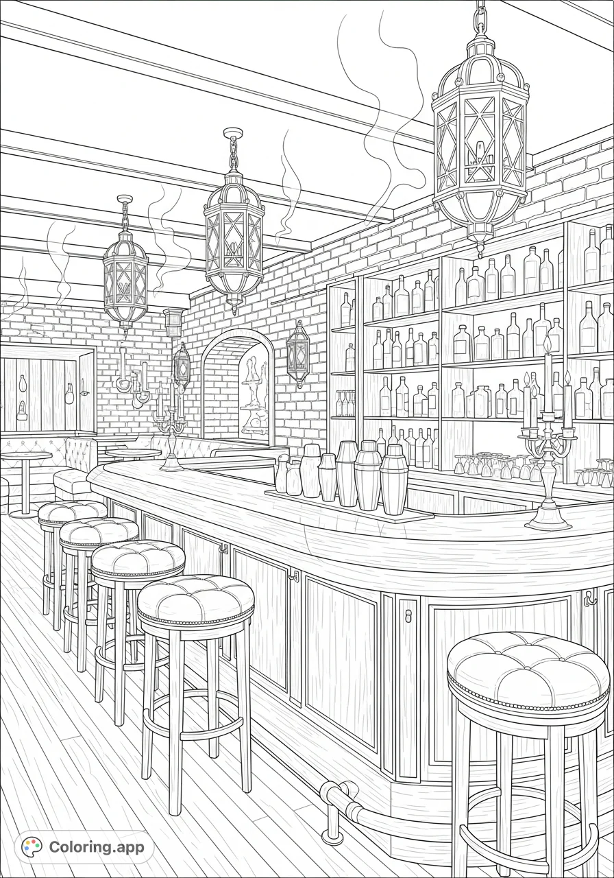 Step back to the 1930s with this intricate prohibition hideaway coloring page, featuring a detailed bar, vintage fixtures, and a speakeasy ambiance.