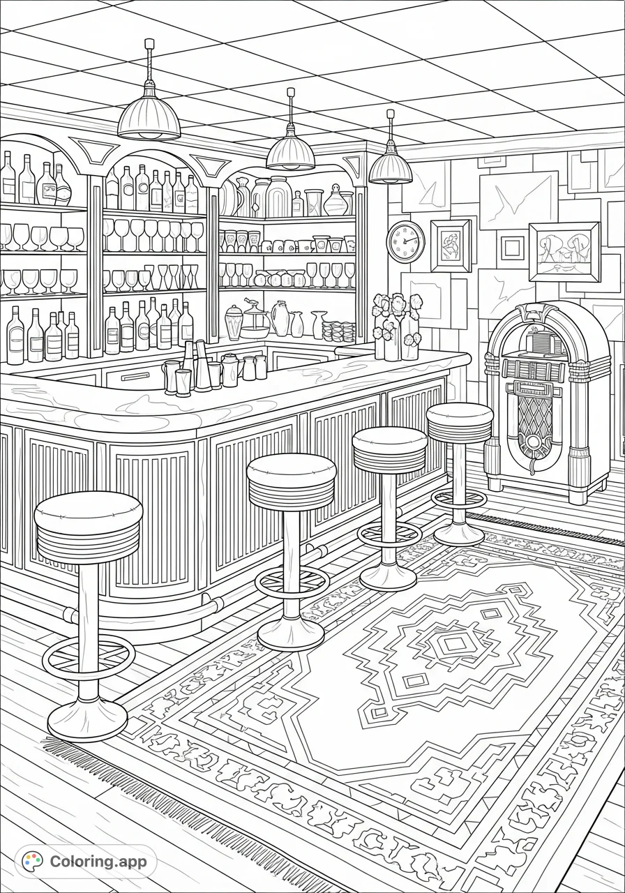 Step back in time with this detailed vintage 1950s basement bar coloring page. Features a classic bar, stools, shelves with bottles, and vintage decor.