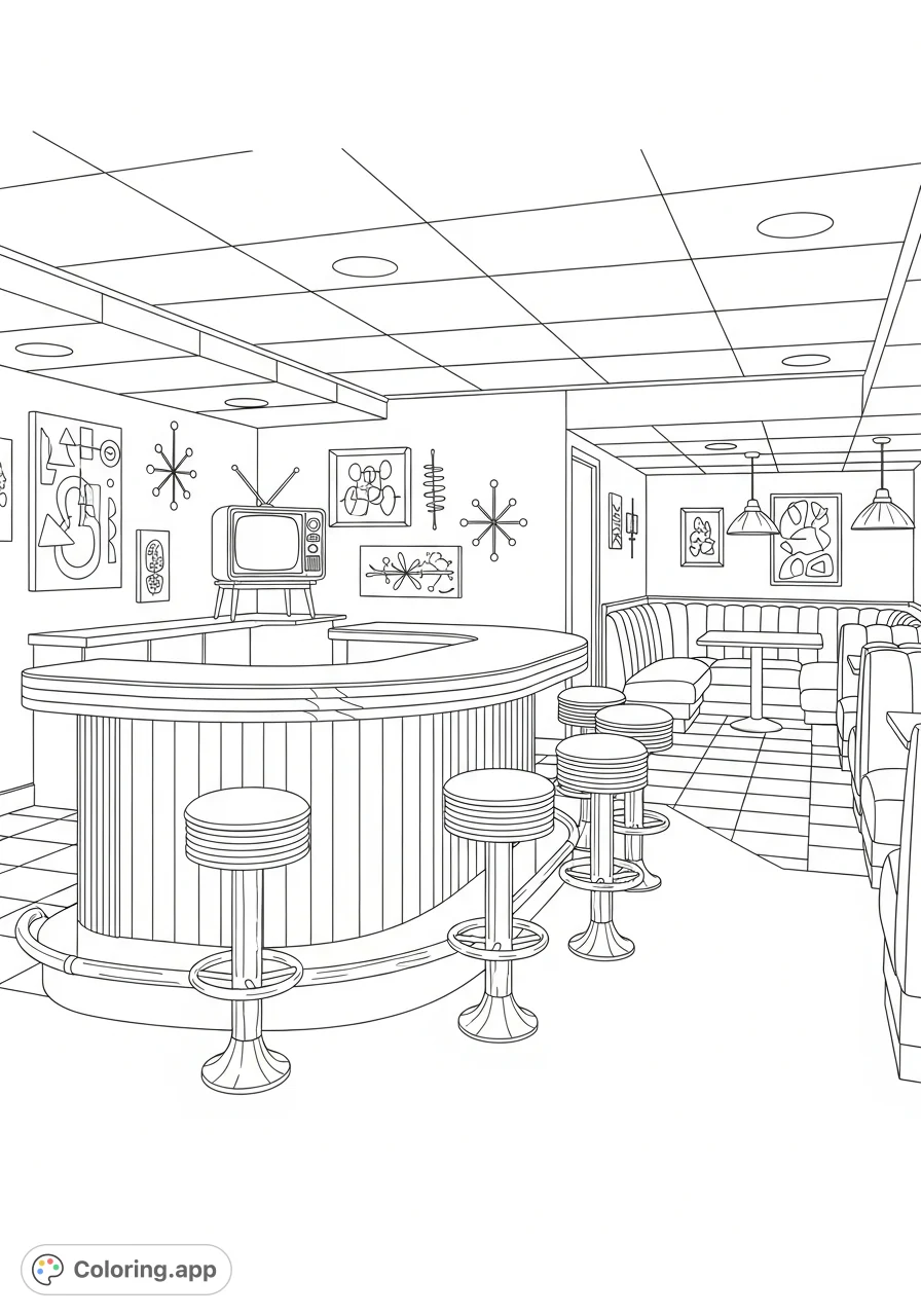 Step back in time with this retro 1950s diner coloring page, featuring a gleaming chrome bar, checkerboard floor, and mid-century modern art.