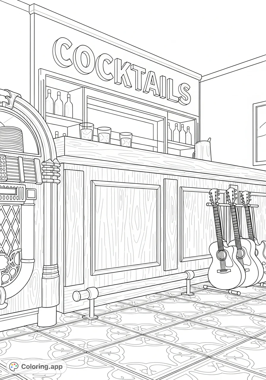 Step into a classic 1950s bar, complete with a sturdy wooden counter, empty highball glasses, a glowing 'COCKTAILS' sign, vintage jukebox, guitars, and patterned floor.
