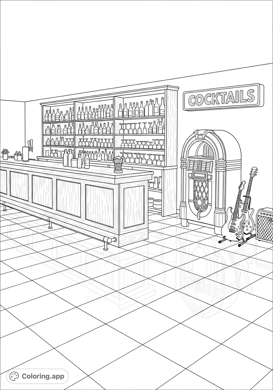 Step back in time to a classic 1950s basement bar, complete with a gleaming jukebox, guitars, and a vibrant "COCKTAILS" neon sign.