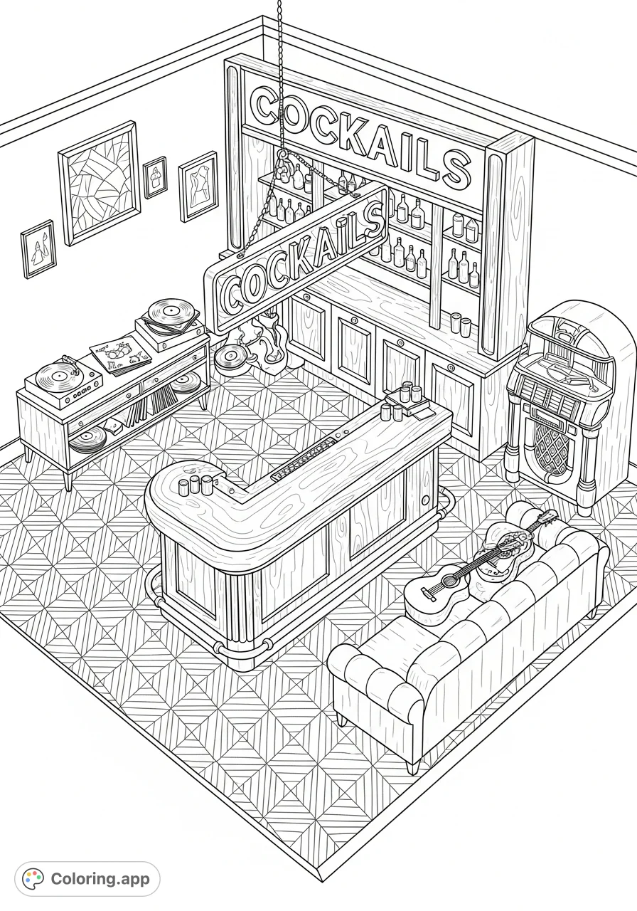 Step back in time to a vibrant 1950s basement bar. This retro scene features a jukebox, guitars, and a 'COCKTAILS' sign, all on a fun geometric floor.