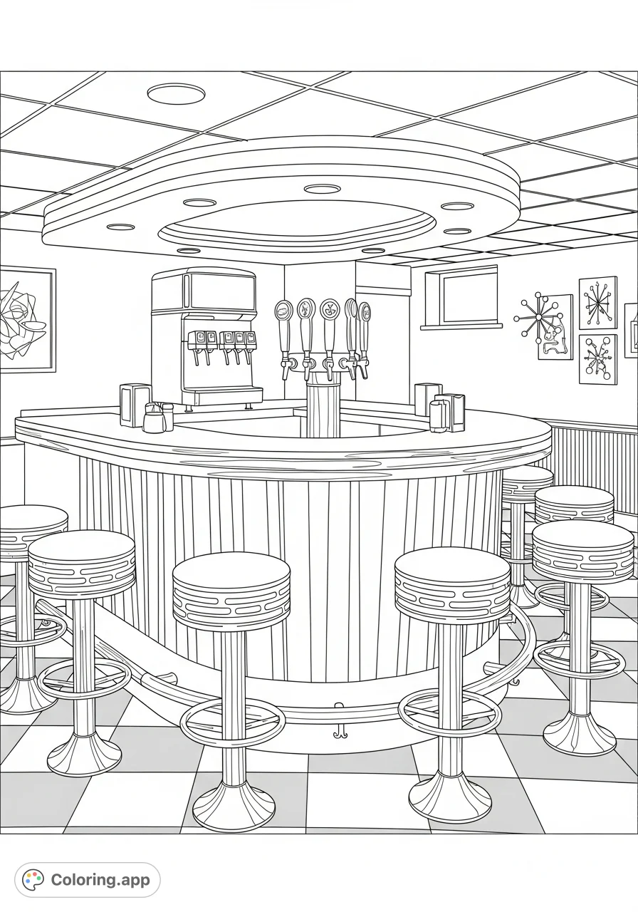 Step into a classic 1950s diner basement coloring page with a gleaming chrome bar, swivel stools, and a vintage soda dispenser on a checkered floor.