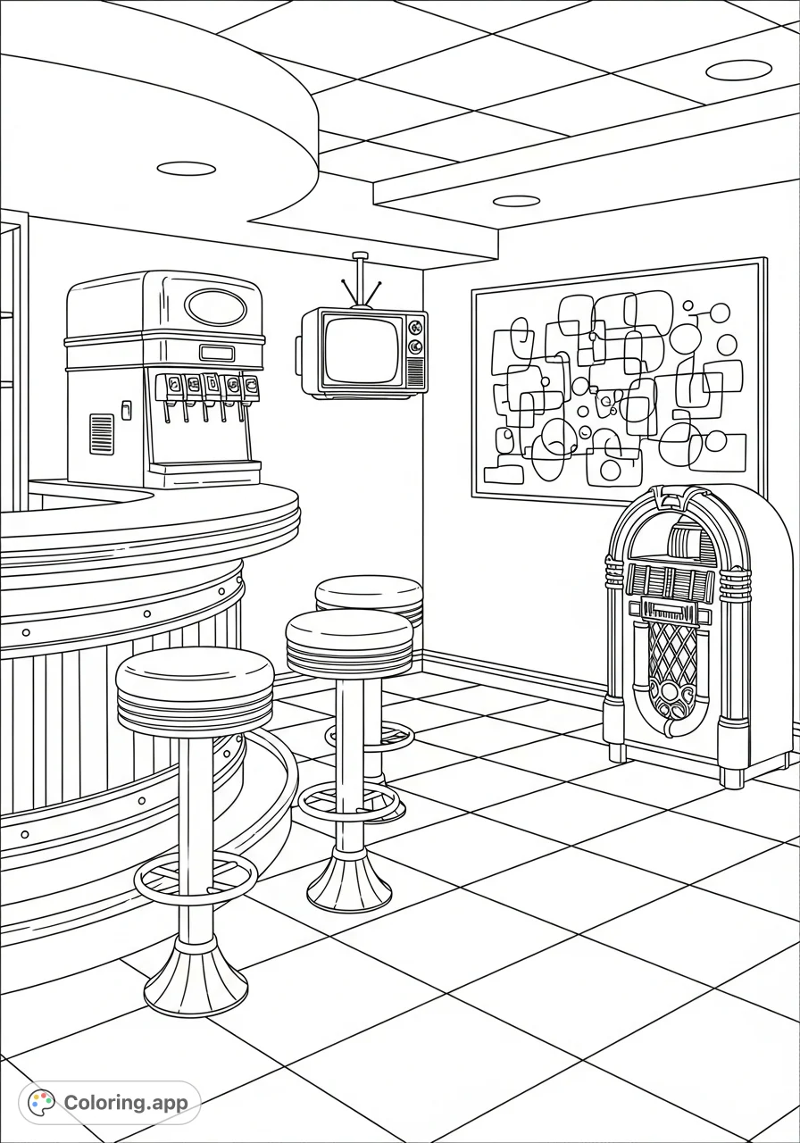 Step into a detailed 1950s diner-inspired basement. Explore a rounded bar with chrome, vintage soda dispenser, retro TV, and a classic jukebox!