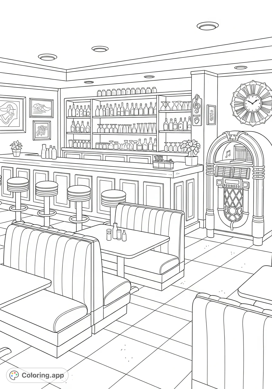 Step into a nostalgic 1950s diner-inspired basement bar scene, complete with a classic checkered floor, gleaming counter, and retro jukebox, ready for your creative touch.