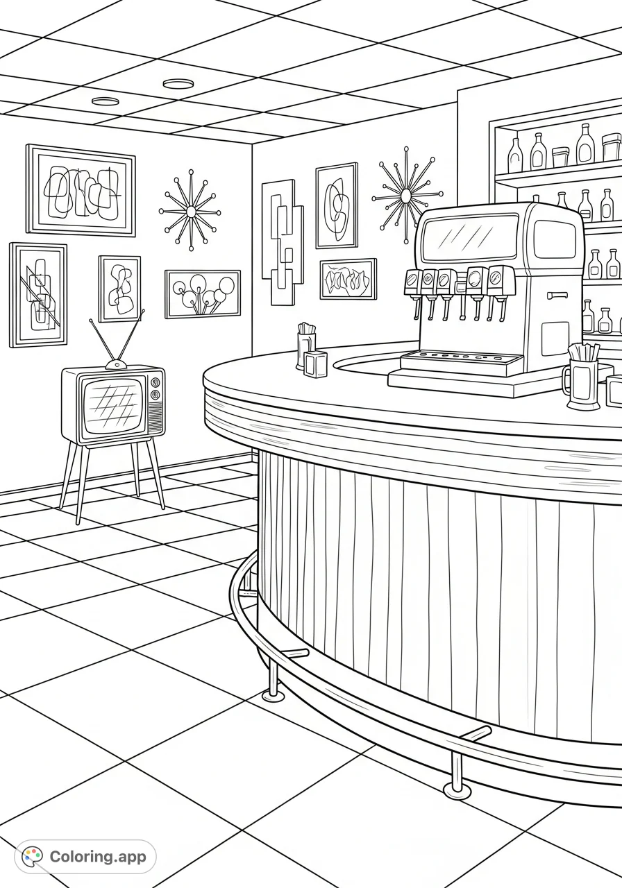 Step back in time with this 1950s diner coloring page! Features a checkered floor, chrome-trimmed bar, soda dispenser, and vintage wall art.