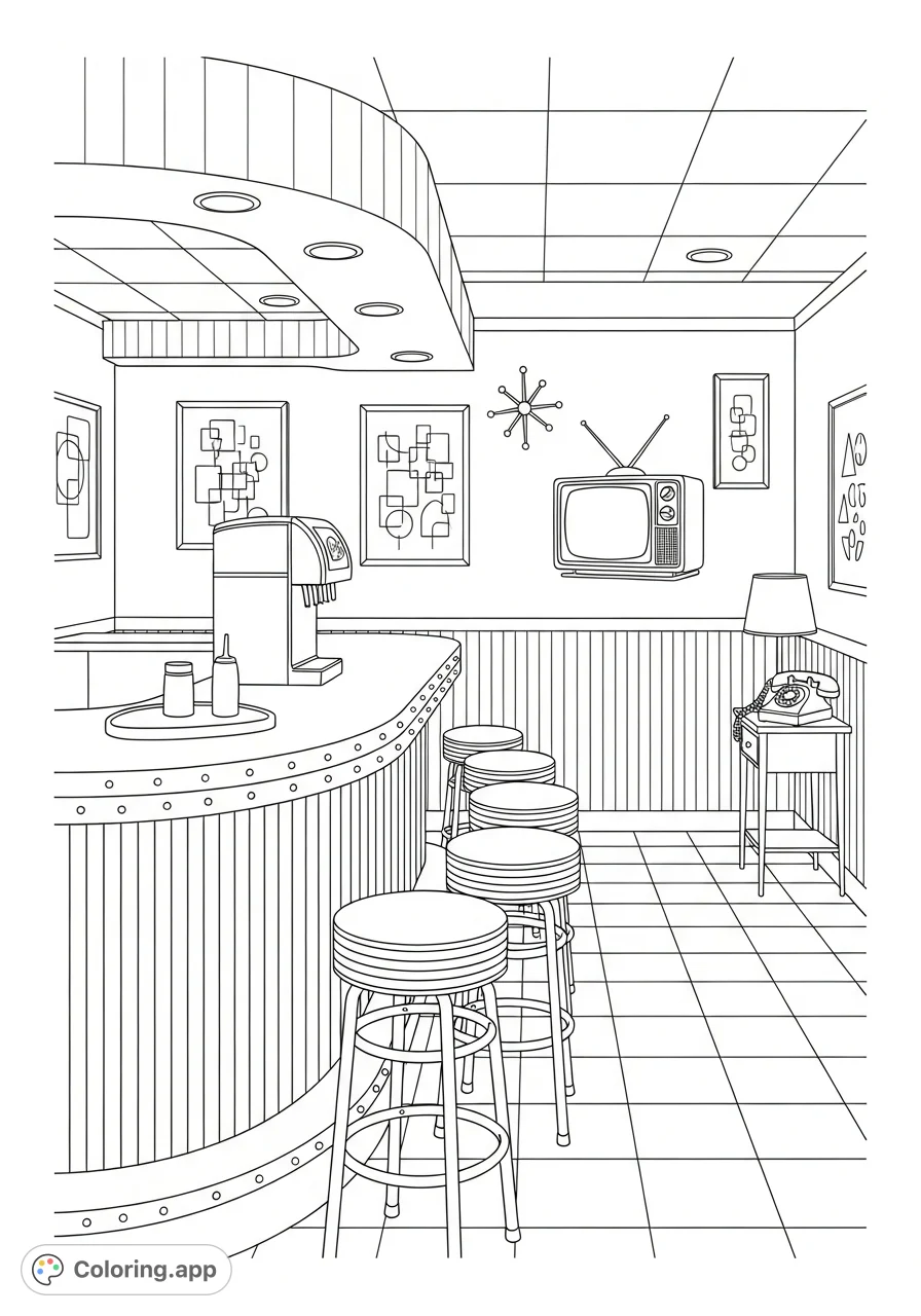 Step back in time with this detailed 1950s diner-inspired basement coloring page. Features a retro bar, TV, checkered floor, and vintage elements.