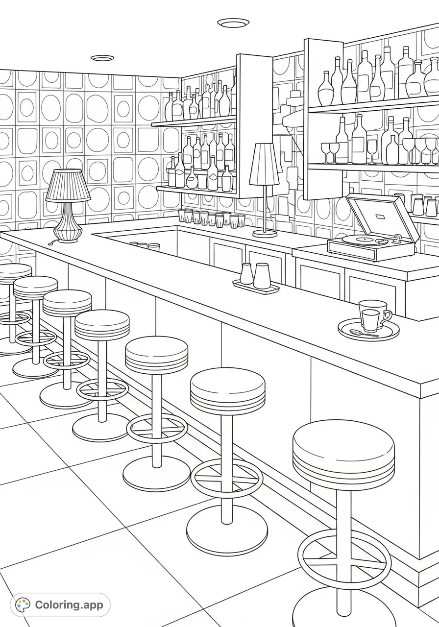 Immerse yourself in a groovy 1960s mod-style basement bar, featuring sleek furniture, bold geometric patterns, and vintage decor for a nostalgic coloring experience.