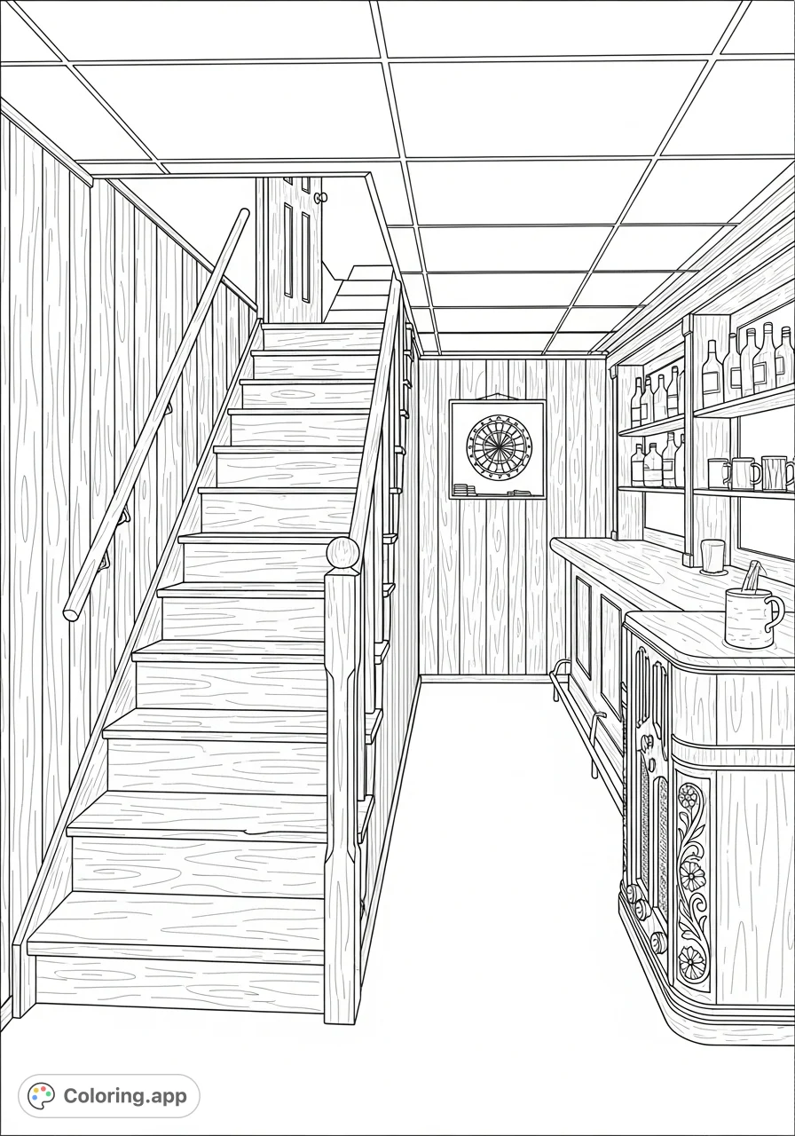 Step into a classic basement setting with old-world charm. Features worn wooden stairs, a vintage radio, a detailed bar, antique mugs, and a dartboard.