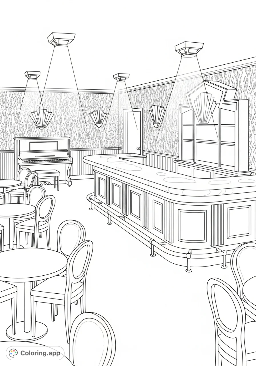 Step into a detailed 1930s basement cocktail lounge, featuring elegant patterned wallpaper, a curved bar, and classic art deco elements.