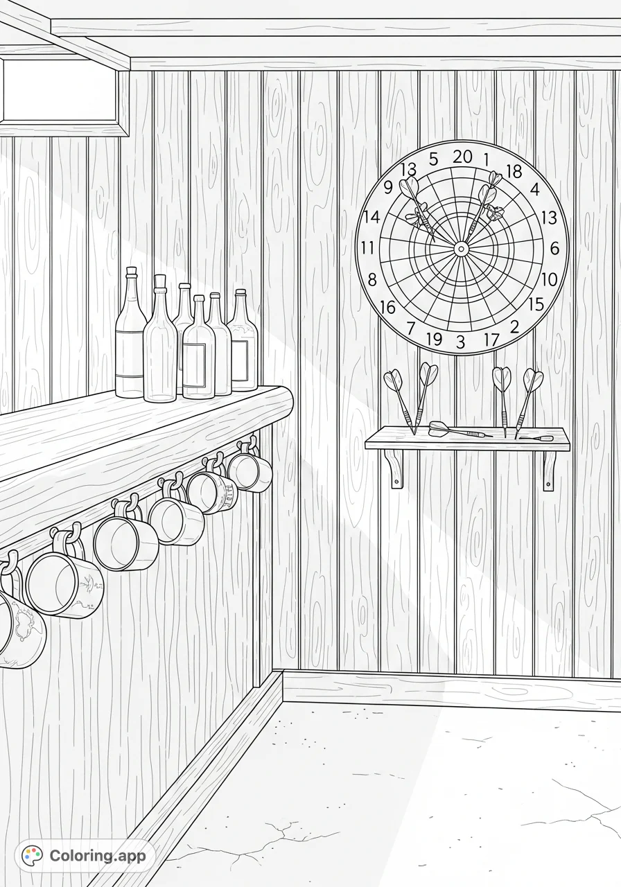 Step into a nostalgic 1940s post-war basement scene featuring a classic dartboard, polished wooden bar with antique mugs, and vintage bottles.